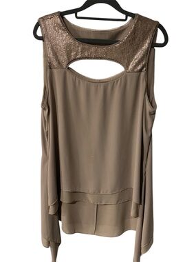 BCBGMaxAzria Taupe Sequin Yoke Keyhole Sleeveless Top